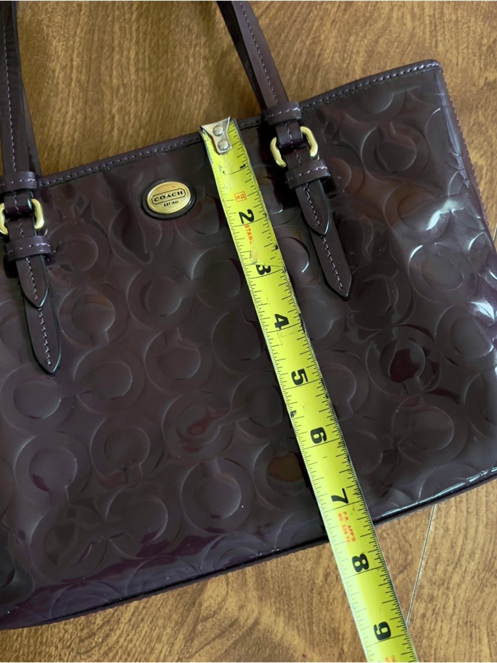 COACH Violet Peyton OP Art Embossed Patent Leather Brass Hardware Small tote Bag - Picture 11 of 13